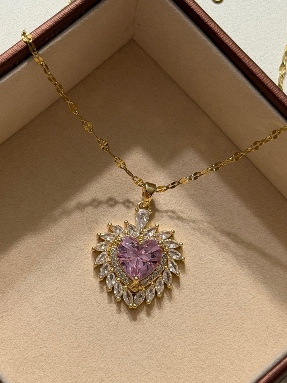 Golden Heart Pink Zirconia with Clear Crystal Pendant Stainless Steel Necklace